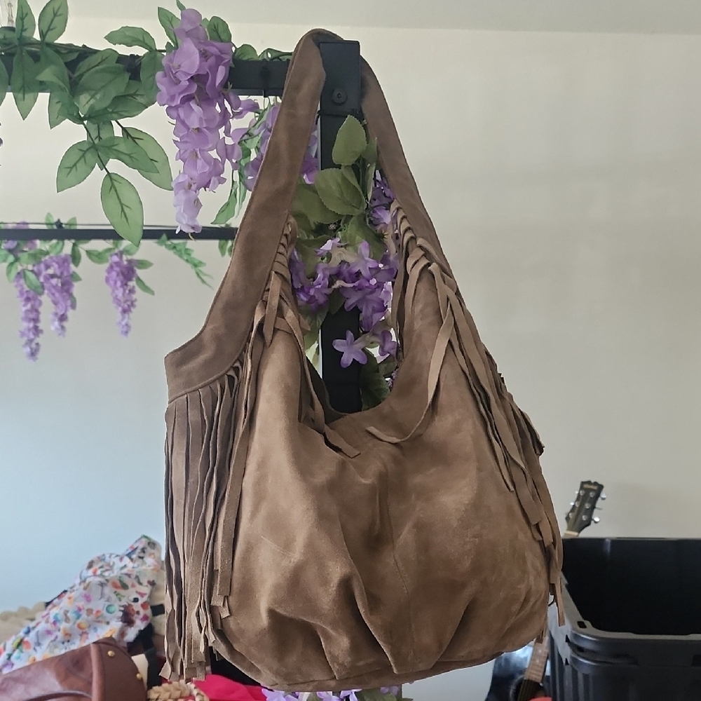 JJ Winters Kellie Tan Suede Fringe Slouchy Hobo Shoulder Bag Boho - Picture 5 of 17